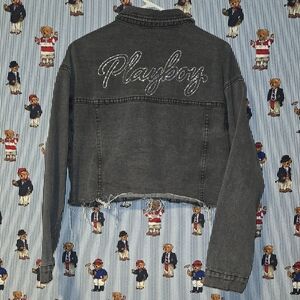 Playboy Bunny Gem Bling Cropped Black Wash Denim Jean Jacket Pacsun M/L